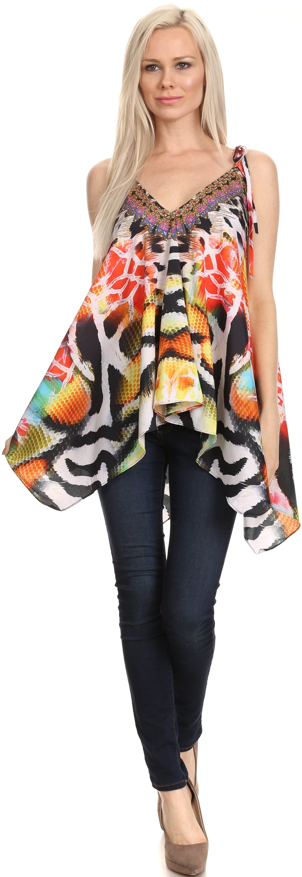 Sakkas Nasreen Sleeveless Printed V-Neck Tank Trapeze Caftan Adjustable Straps