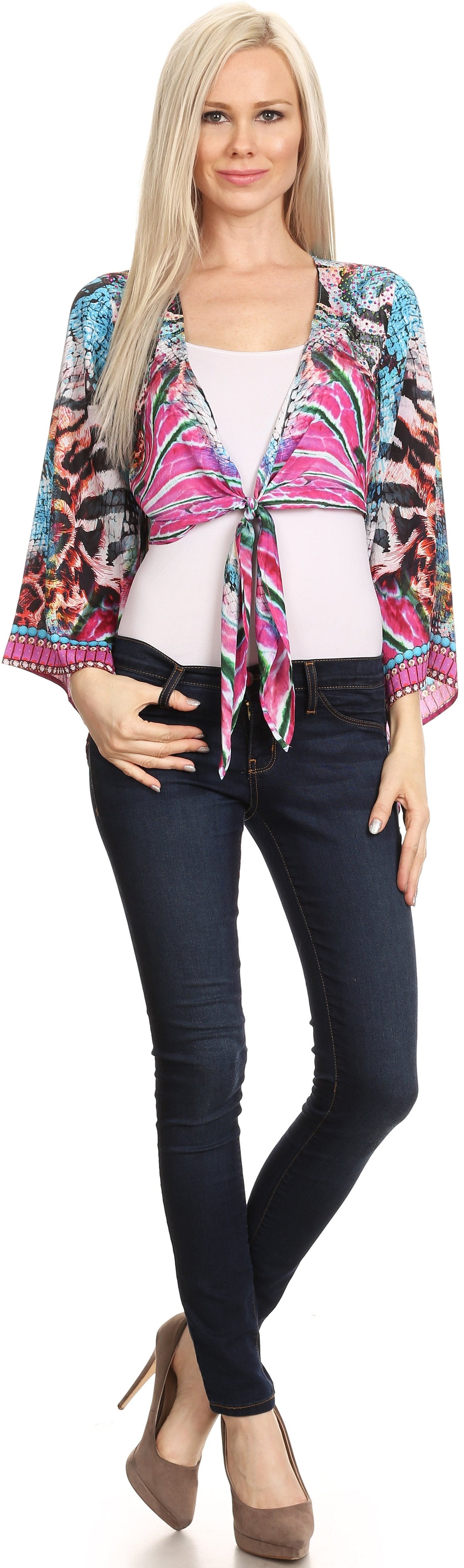 Sakkas Amita Printed Embellished Kaftan Front Tie Kimono Sleeve Crop Top Shrug