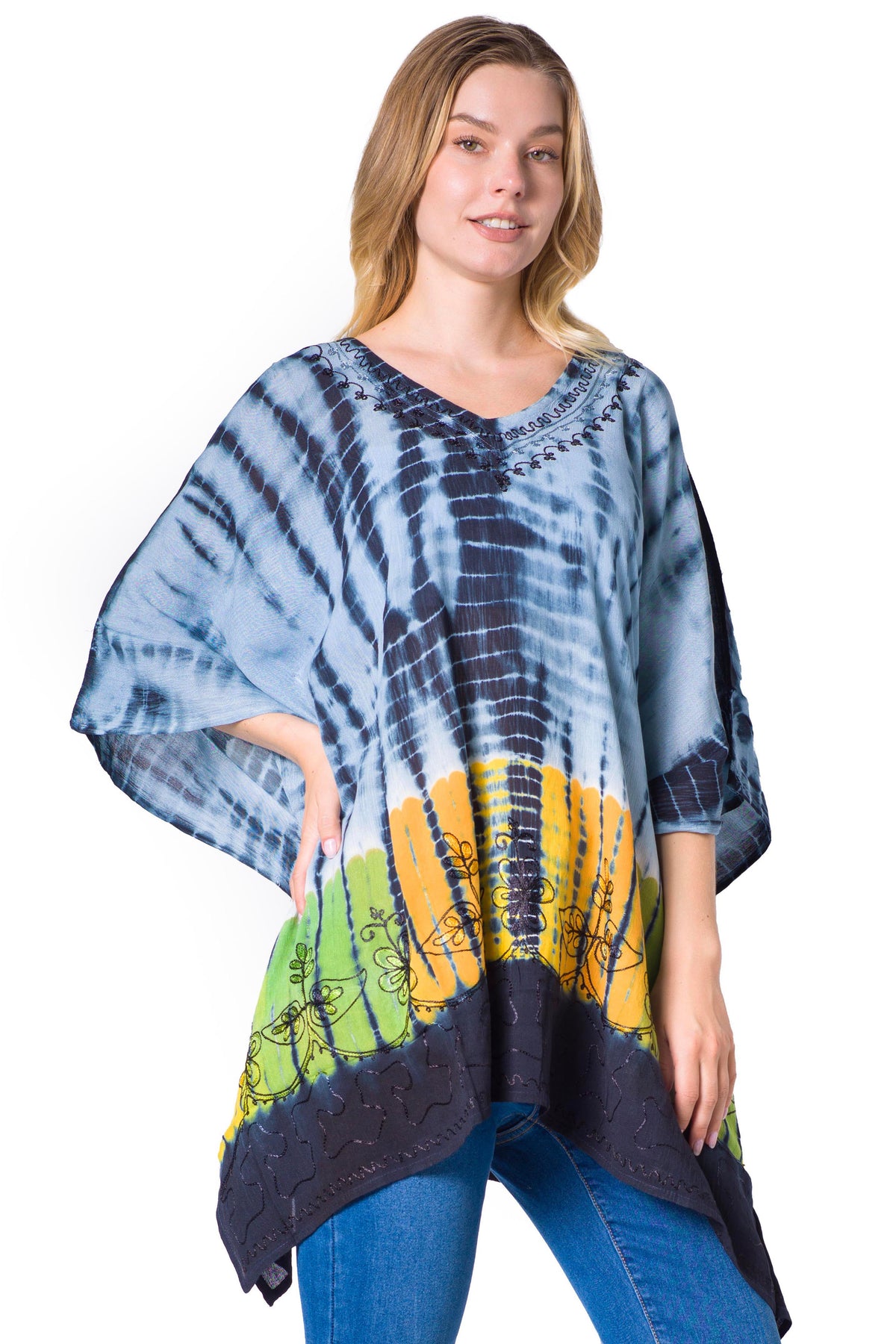 Sakkas Eliana Wide Long Tall Embroidered Tie Dye Ombre Batik Poncho Top Blouse