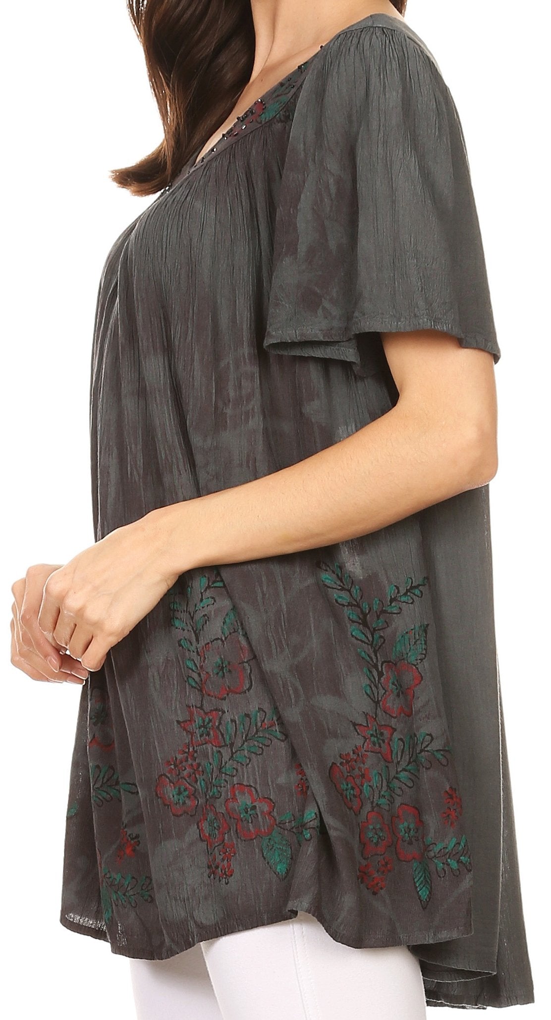 Sakkas Kyla Relaxed Fit Floral Sequin Embroidered V-neck Cap Sleeve Blouse / Top