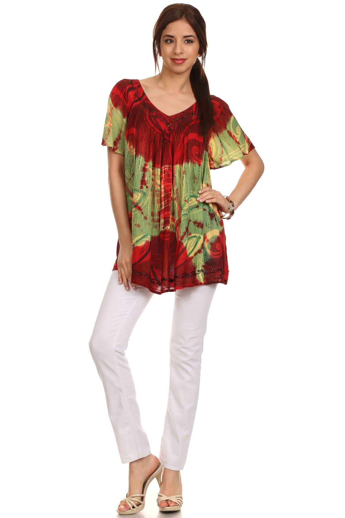 Sakkas Nia Tie Dye Sequin Embroidered V-Neck Cap Sleeve Blouse / Top