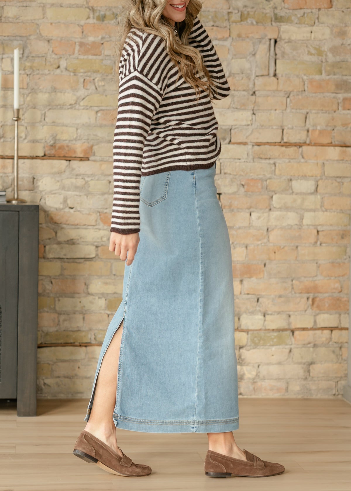 Bria Light Wash Denim Maxi Skirt