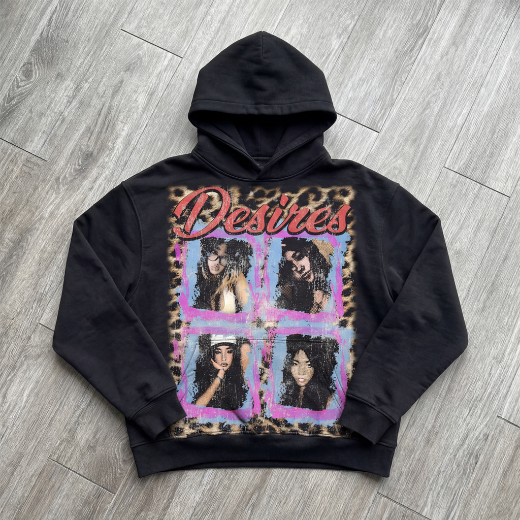 Desires Black Cropped 400GSM Hoodie Streetwear Graphic Y2K Unisex Cotton