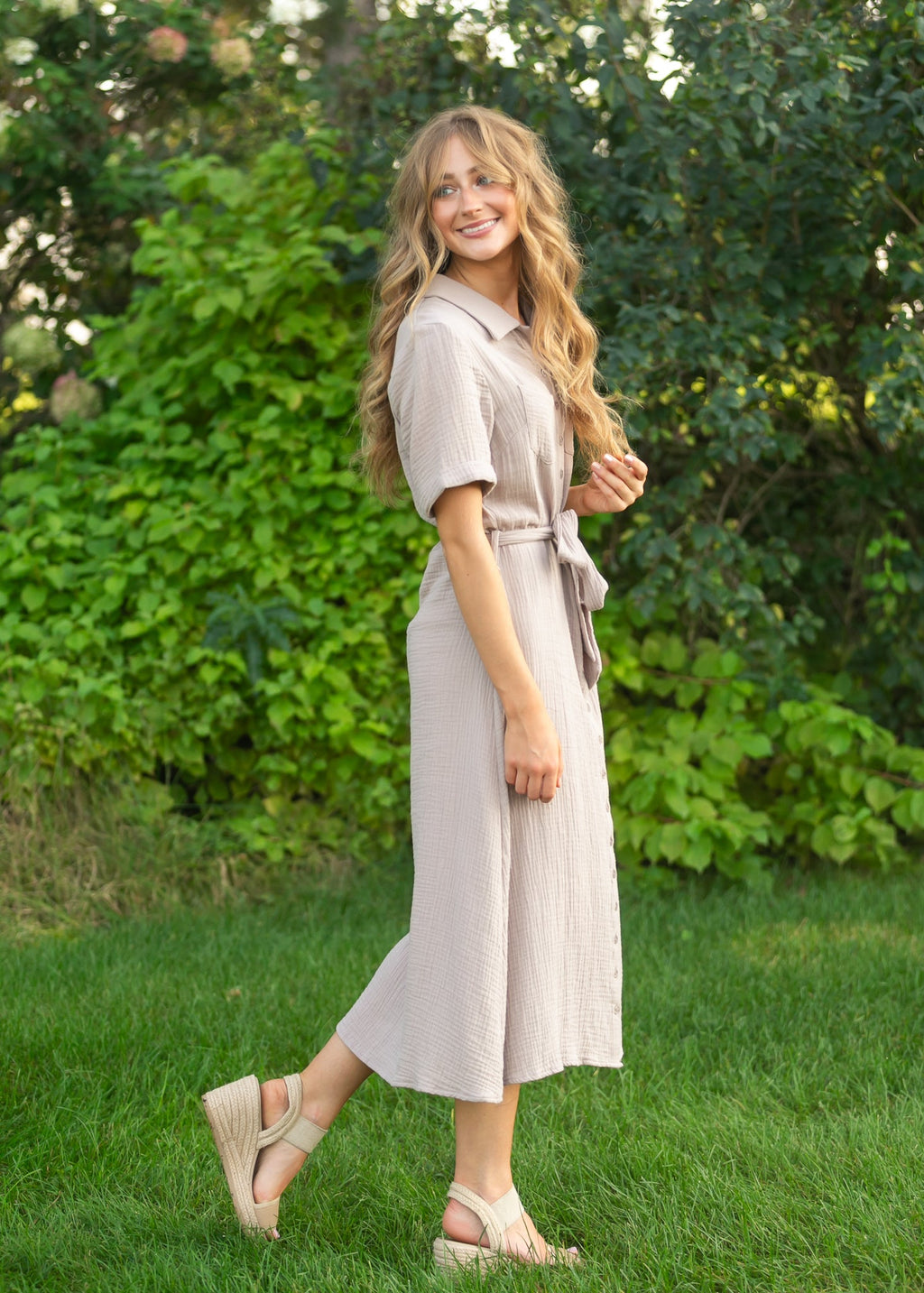 Essential Taupe Short Sleeve Gauze Shirt Dress