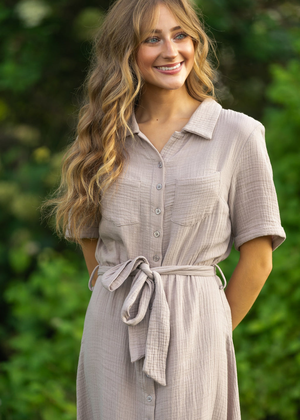 Essential Taupe Short Sleeve Gauze Shirt Dress