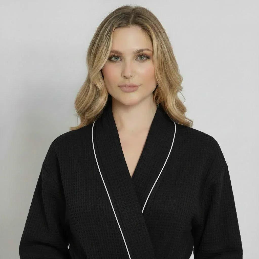 Women’s Waffle Piping Bathrobe – Lightweight Spa-Style Comfort